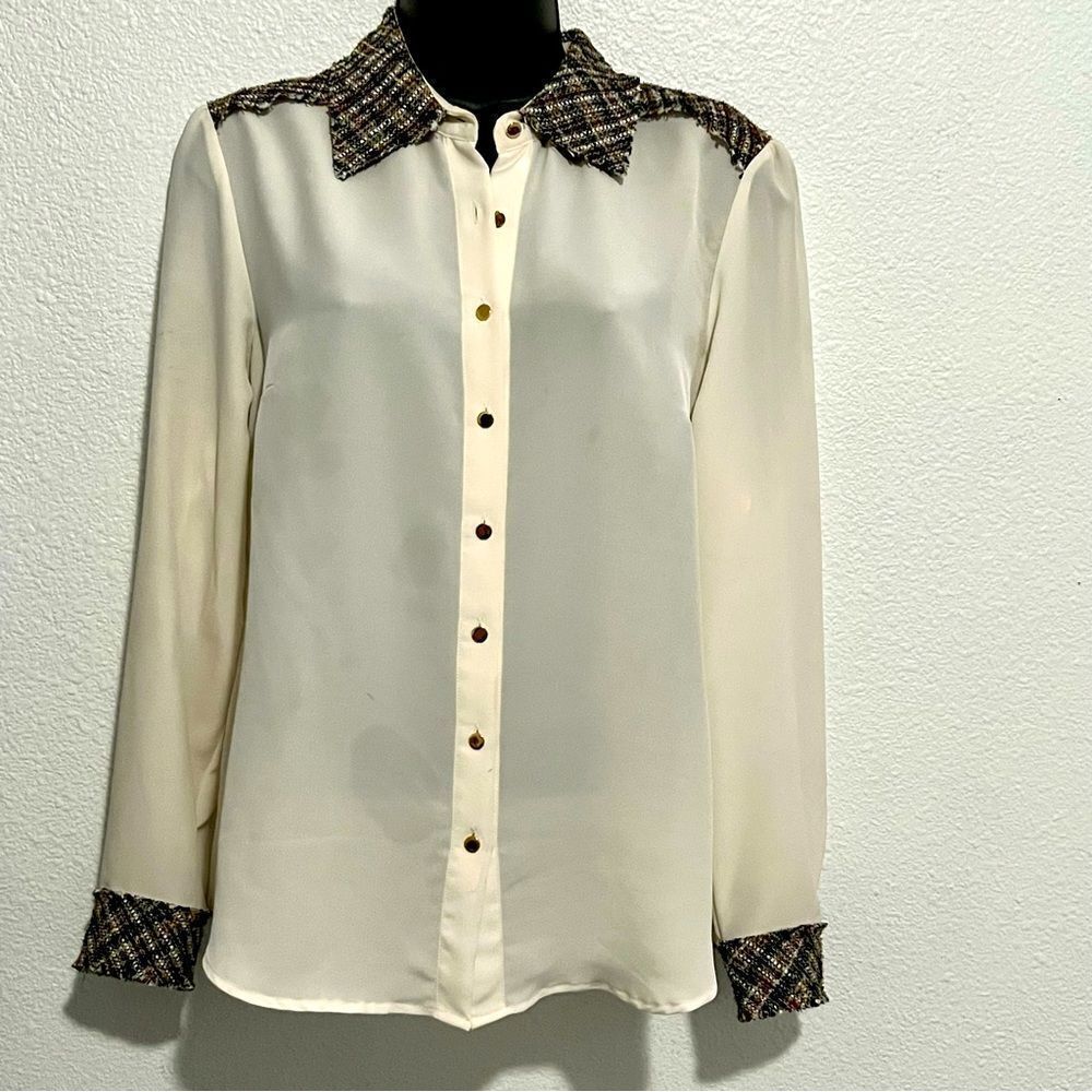 ANTONIO MELANI Ivory Metallic Tweed Western Cowgirl Details Long Sleeve Blouse M